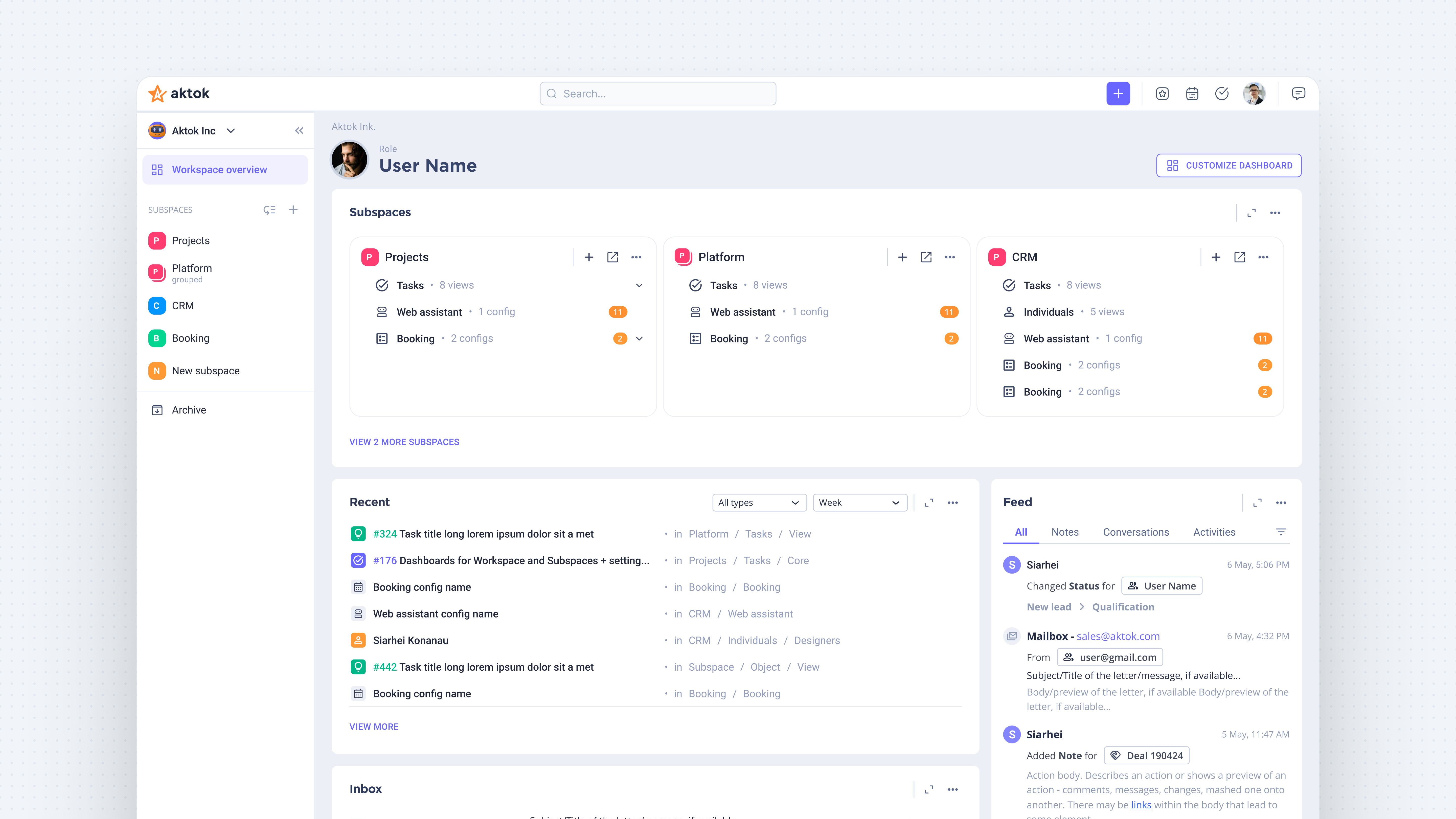 Aktok digital workspace dashboard showing subspaces, task overview, and activity feed