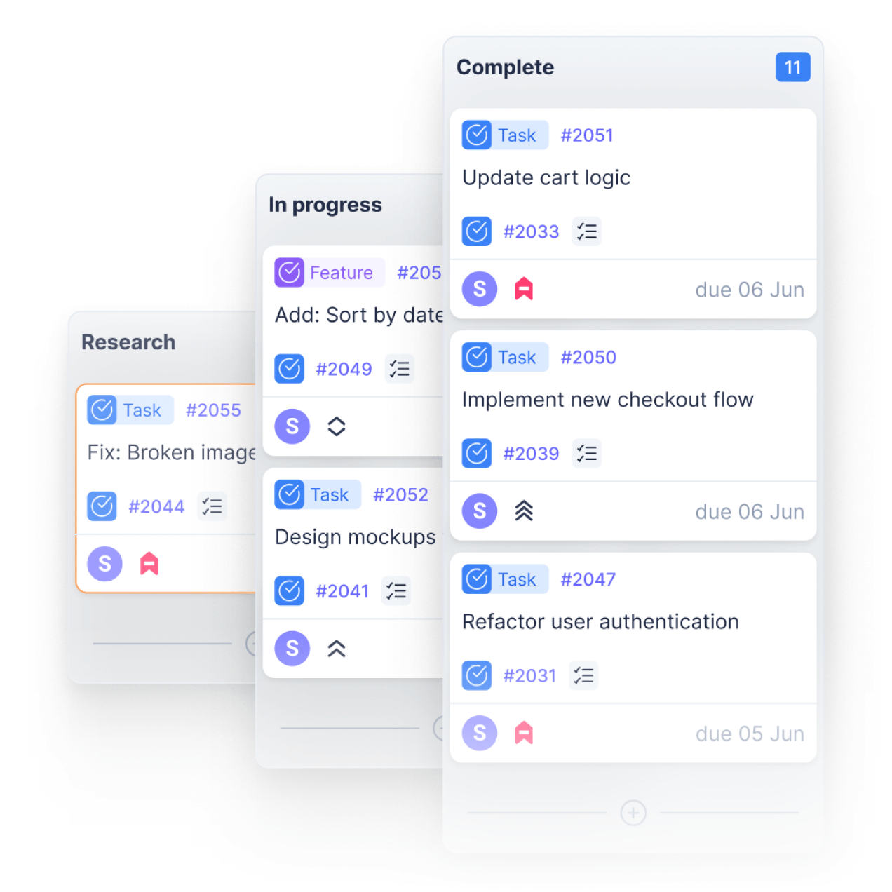 Aktok project management board with research, in progress and complete columns